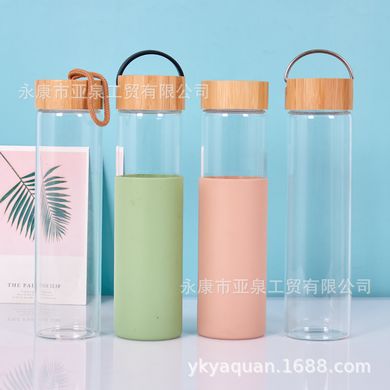 Cruz-frontera espesado vidrio borosilicato Flor de vidrio taza de té espiral de bambú cubierta de vidrio taza de agua con la cubierta de la taza de silicona