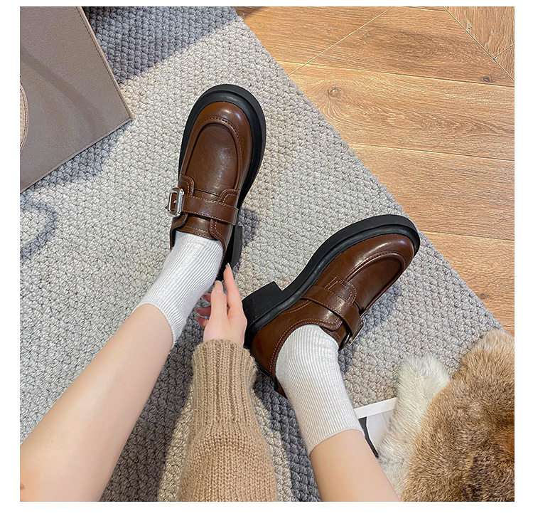 Giày lười nữ mũi tròn gót thô 3–5 cm kiểu Anh, đế cao su — Màu nâu, Màu đen chi tiết 30
