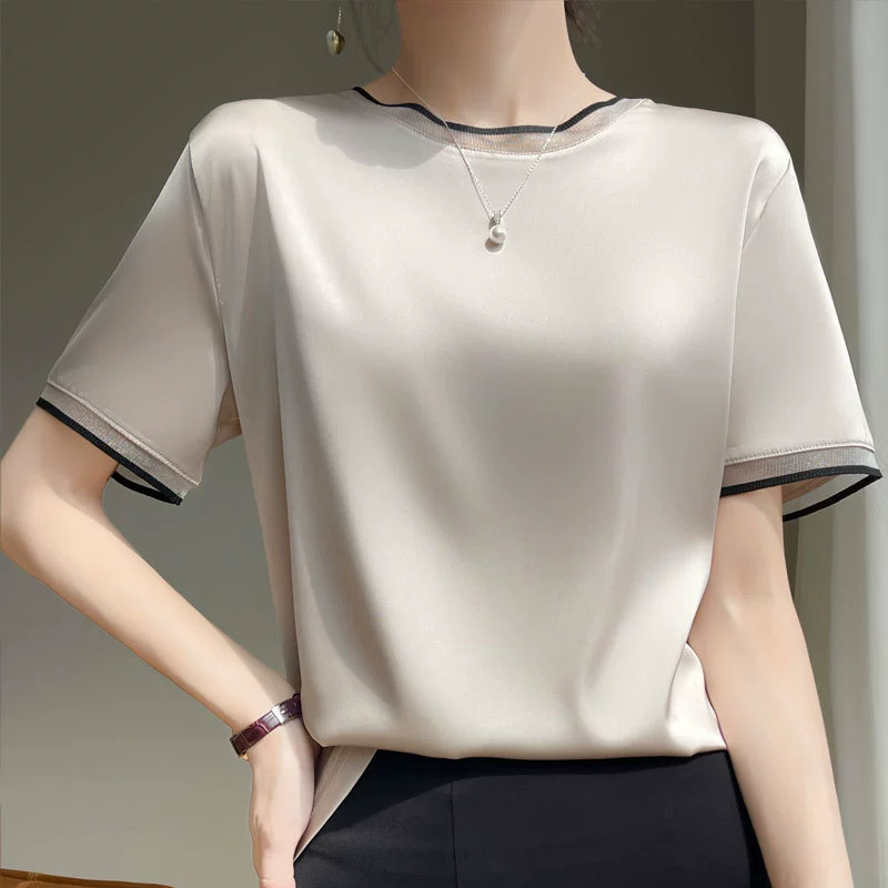 2025 Органза круглый вырез шелковая короткая рукав атласная нижняя рубашка ацетатная свободная внутренняя футболка из шелка тутового дерева летняя женская