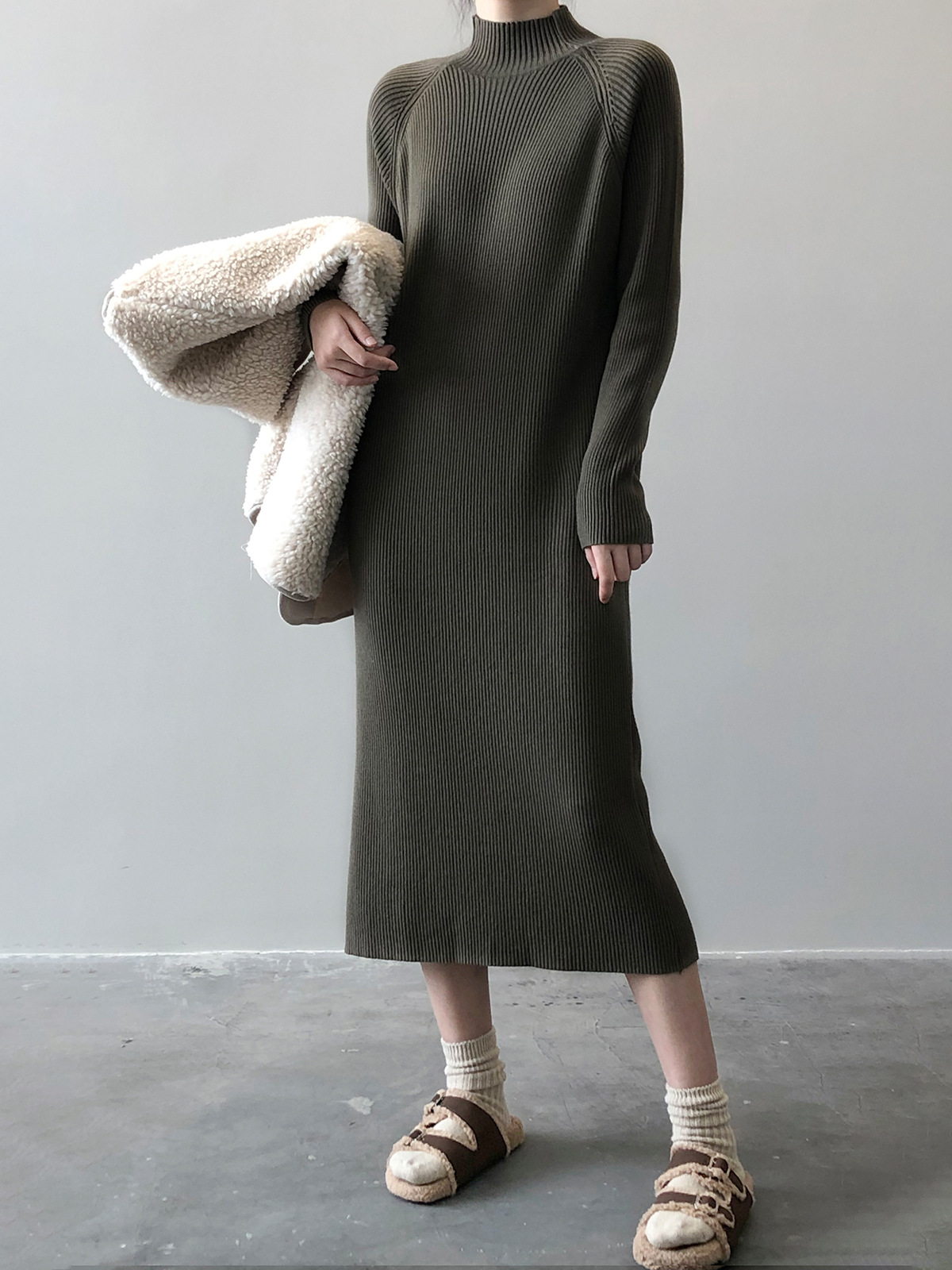 Knitted Dress Women Winter Half Turtleneck Bottoming Sweater Mid Length Overknee Dress