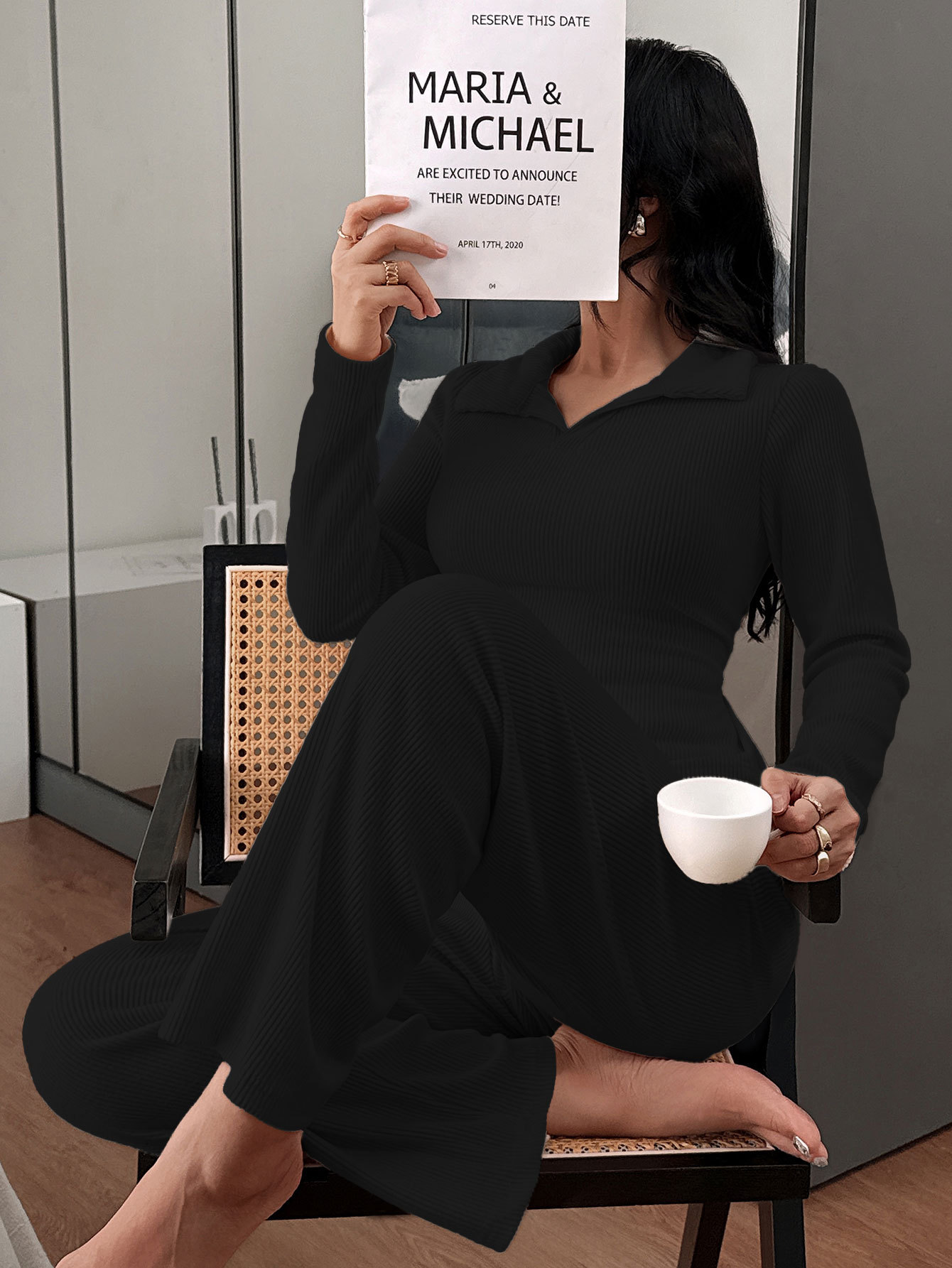 Damernas pyjamasset med polokrage och långärmad loungewear_voghion.com