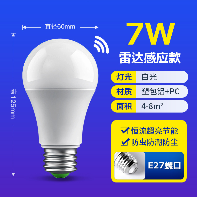 Bombilla LED con sensor de radar, sensor de cuerpo humano, control de sonido y luz, bombilla inteligente para propiedades, pasillos, ahorro de energía, casquillo E27.