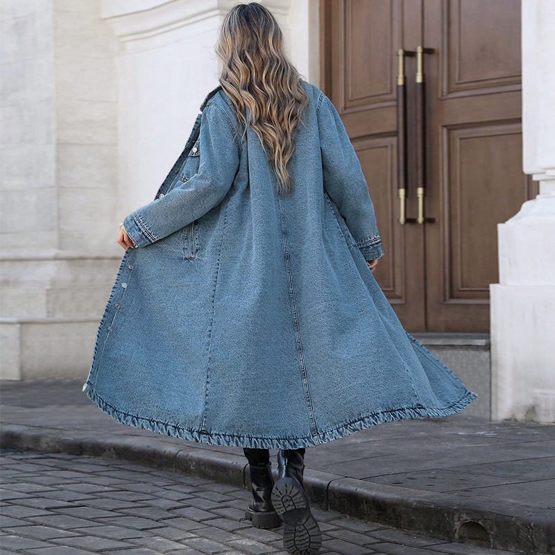 Elegant Long Denim Coat For Women, Mid Blue And Black Trench Style Jacket, Versatile Career Outerwear For Fall_ecoleips.com