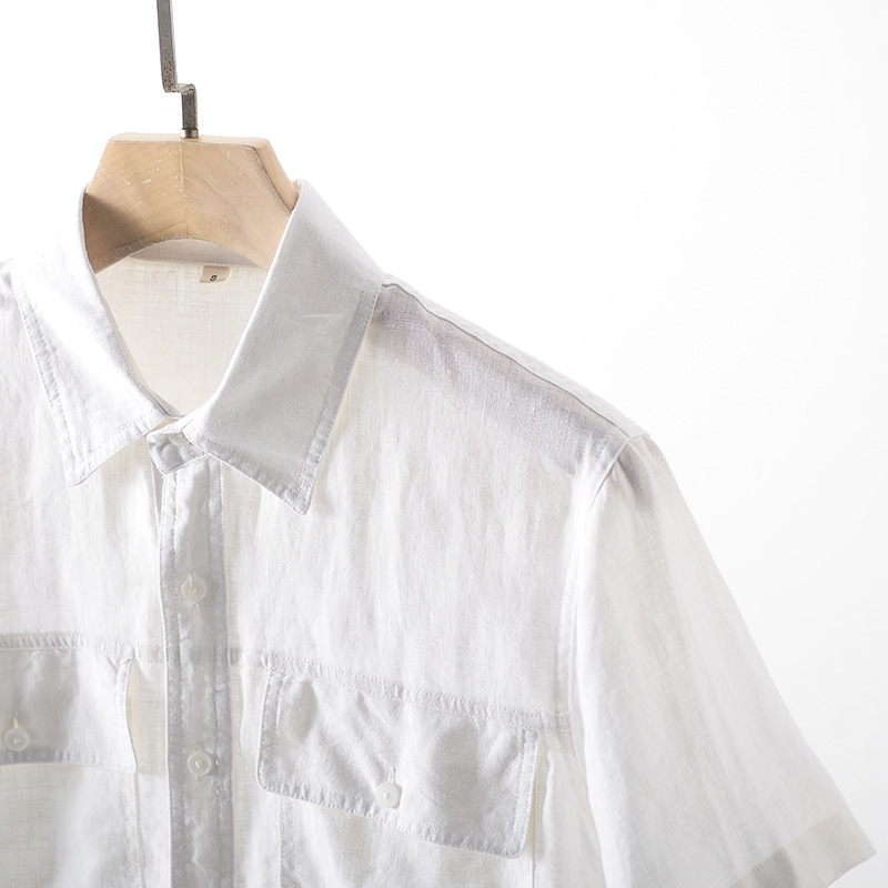 2024 verano Lino hombres parche bolsa solapa manga corta Camisa de lino simple cómodo fresco camisa de lino F012