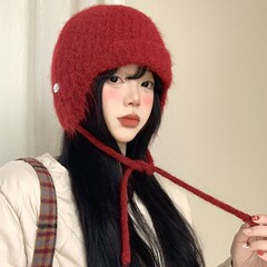 韩系甜美可爱绑带针织毛线帽秋冬时尚包头护耳帽户外休闲保暖帽新