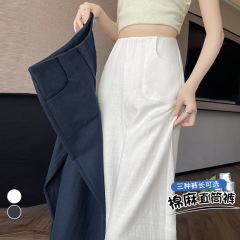 ネイビーブルーのコットンとリネンの女性用ワイドレッグパンツ 2025 夏薄いハイウエストスリムカジュアルストレートレッグフロアレングスパンツ