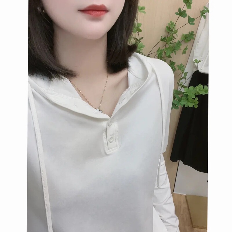 春秋季长袖连帽卫衣洋气时尚休闲百搭显瘦薄款纯色带帽恤极简风|undefined