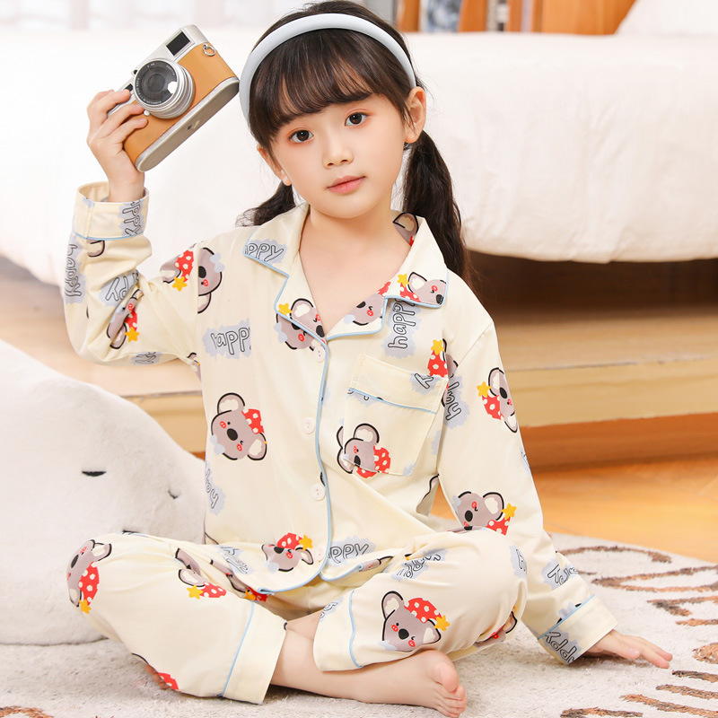 Primavera y otoño de los niños pijamas las niñas solapa cardigan lindo dibujos animados dulce flojo delgados desgaste del hogar