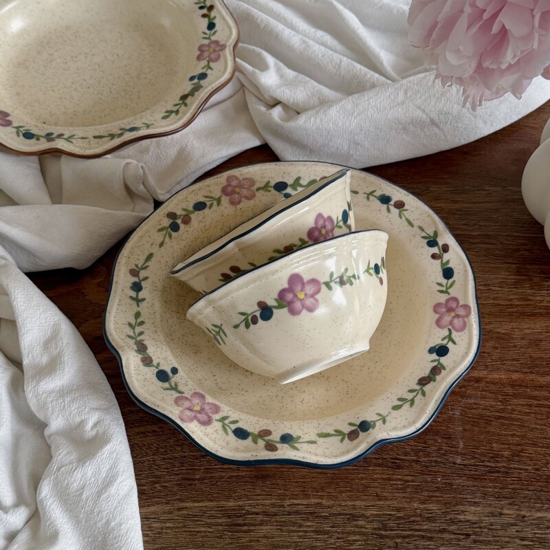 Retro Sesame Glaze Hand-Painted Floral Ceramic Tableware Ceramic Bowl Dessert Plate Deep Plate Pasta Plate Coffee Cup Saucer Dinner Plate