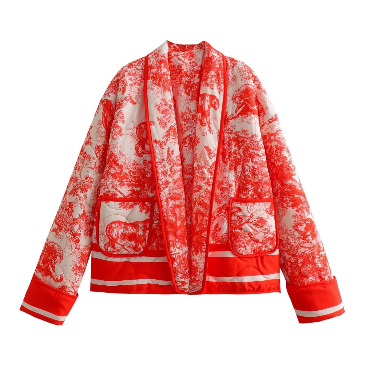 Neue Damenbekleidungskollektion Herbst 2023: Dreifarbige, gestreifte, dekorativ bedruckte, gesteppte, warme Baumwolljacke_voghion.com