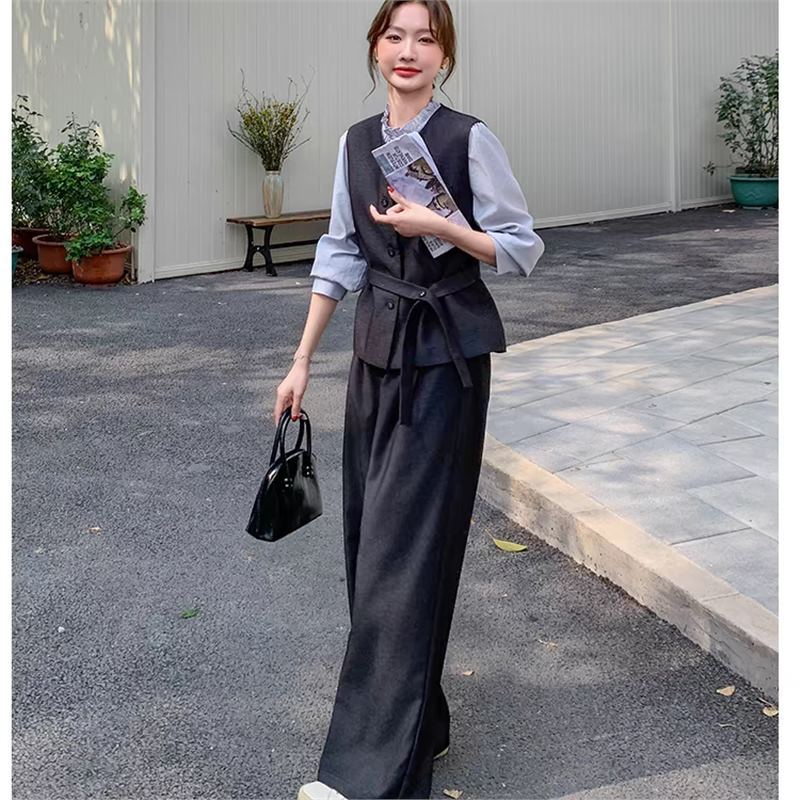 超火收腰马甲阔腿裤套装女春秋三件套韩系超火减龄ootd穿搭设计感|undefined