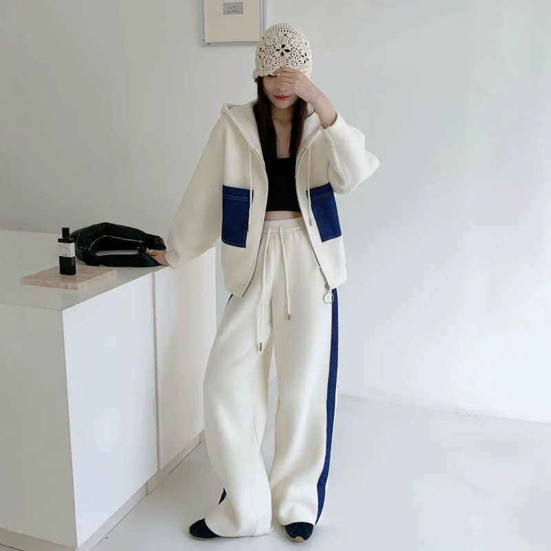 Hooded patchwork denim knitted double-sided wool cardigan and wide-leg pants two-piece set, stylish casual sweater suit for women