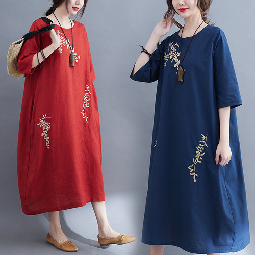 Vintage cotton hemp large embroidery pure Pullover dress