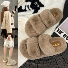 爆款欧美双带毛绒加厚毛毛拖鞋女外穿保暖秋冬季家用卧室防滑棉拖