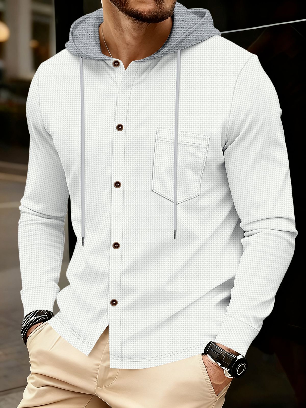Heren wafelgebreide hoodie met zakken en knopen voor casual look_voghion.com