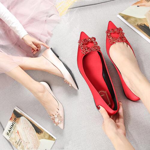 Size 41 4332 Women's Shoes Pointed Toe 42 Fashion Small Single Shoes 3331 Xiuhe Rhinestone Flat Wedding Shoes Red Size Large