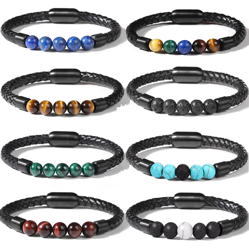 1 Piece Fashion Circle Pu Leather natural stone Beaded Menu0027S Bracelets