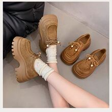 时尚复古增高圆头系带小皮鞋女2025年秋冬季新款英伦纯色厚底单鞋