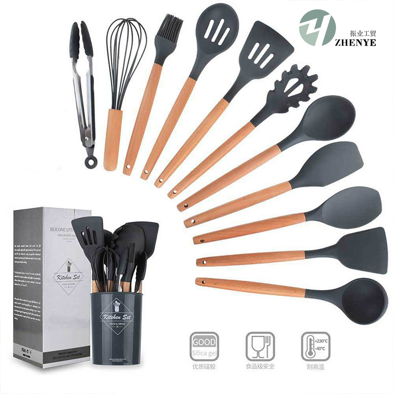 Manufacturer Amazon dark gray wooden handle silicone kitchenware European non-stick kitchen tool baking set