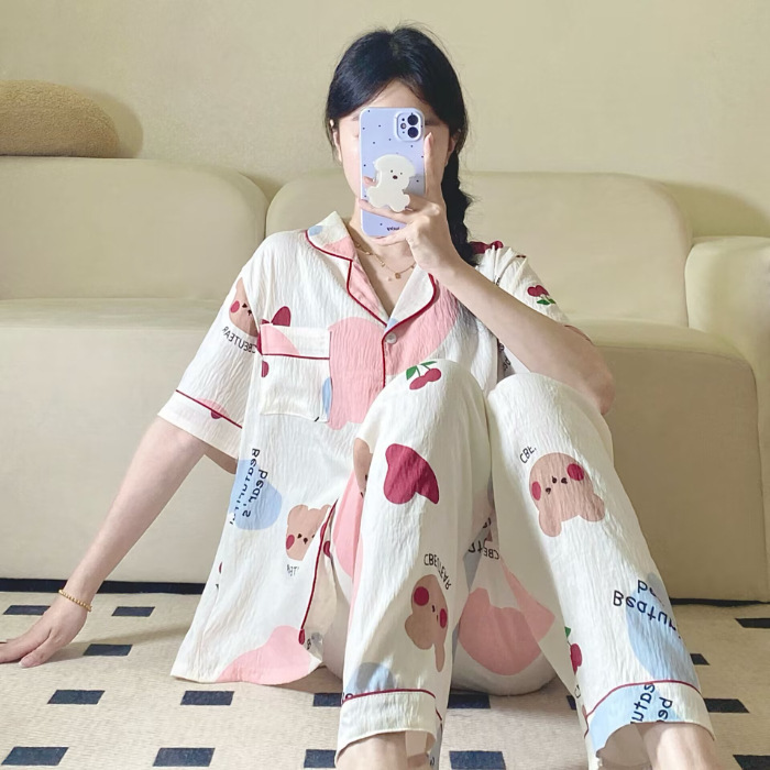 Verano nuevo pijama de amor mujer adorable oso simple ocio delgado nubes algodón ropa doméstica dos piezas conjunto al por mayor