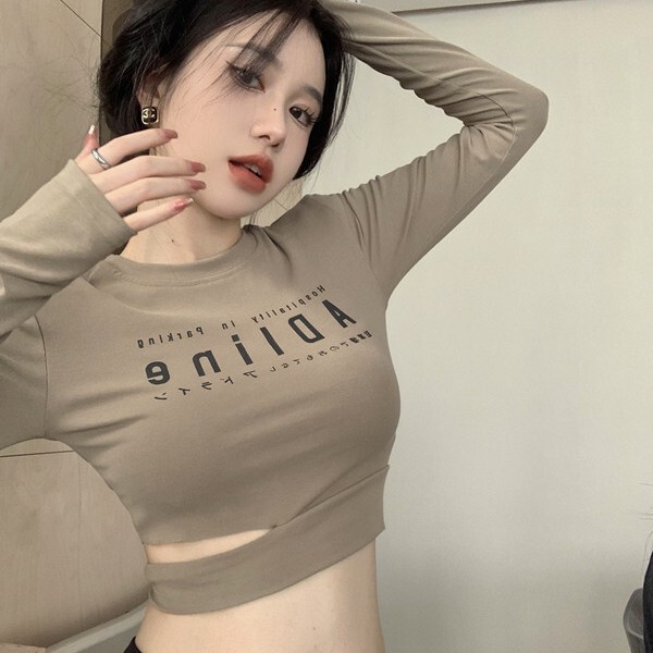 Tight Pure Desire Hollow-out Slim-fit Spice Girl Letter Printed Long-sleeved T-shirt Women's Autumn Slim-fit Short Navel-exposed Base Top Tight Pure Desire Hollow-out Slim-fit Spice Girl Letter Printed Long-sleeved T-shirt Women's Autumn Slim-fit Short Navel-exposed Base Top