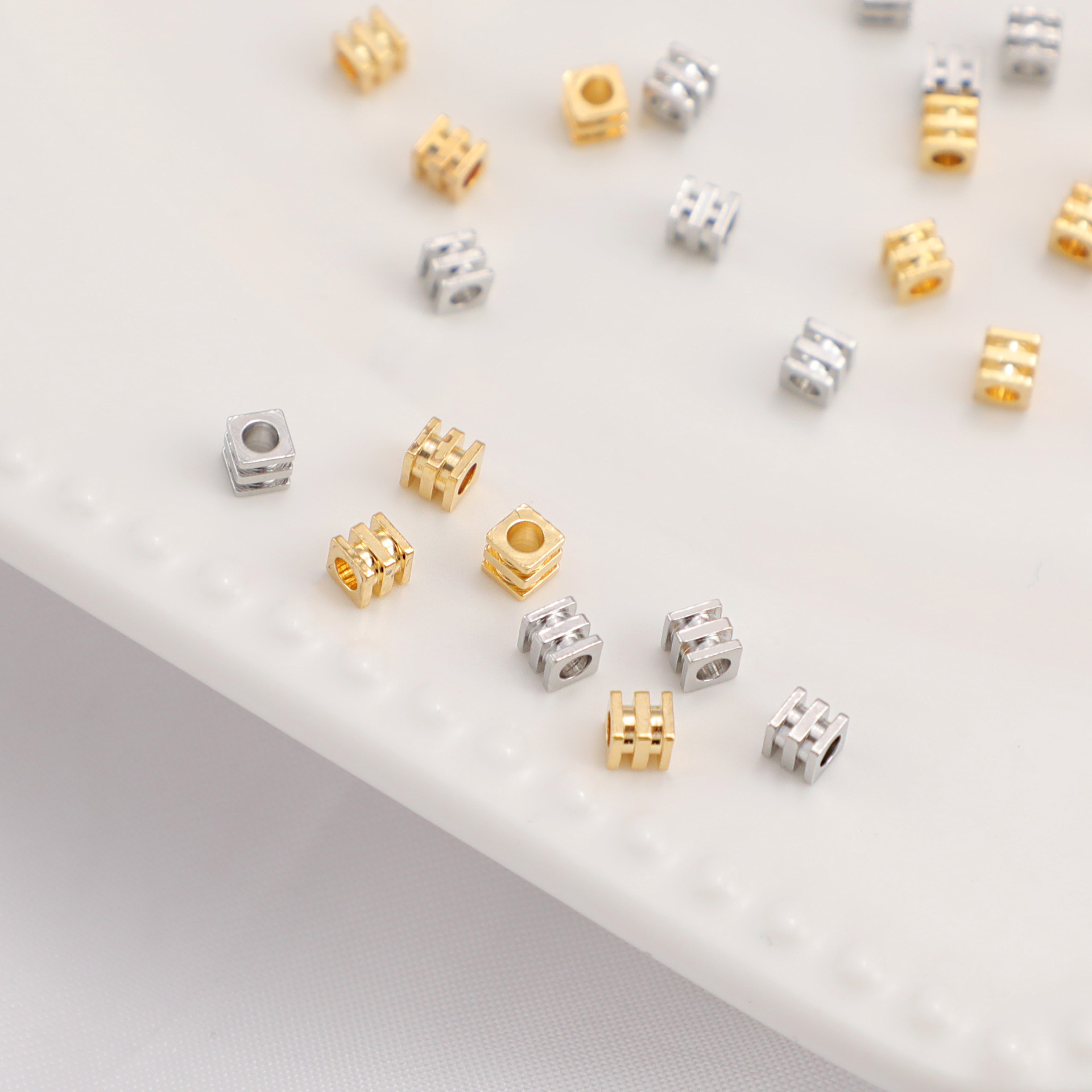 14K包金保色光面三线方珠散珠 铜镀真金长条隔纹大孔隔珠手串散珠