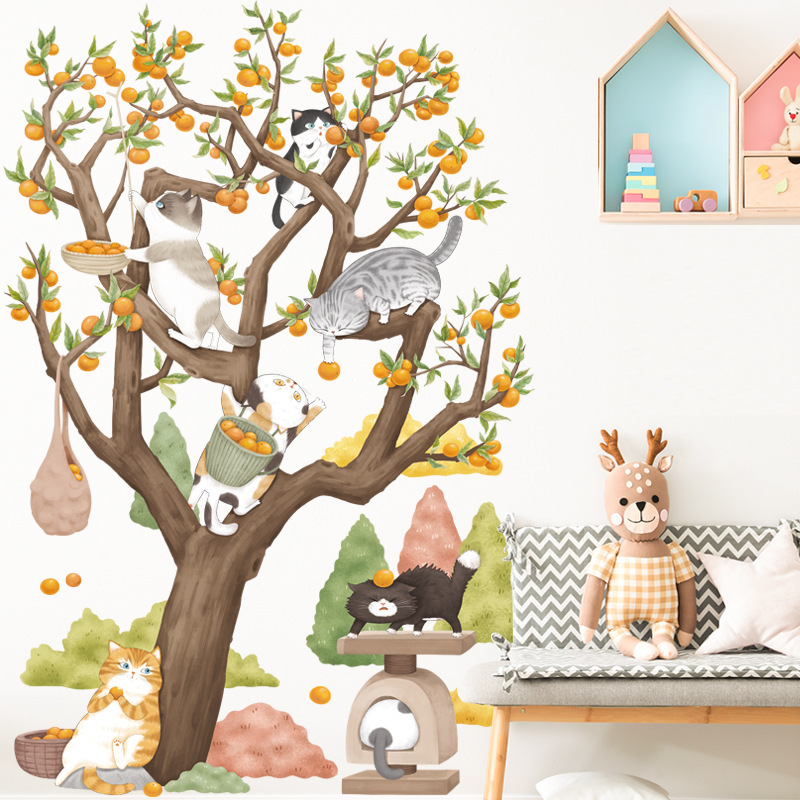 手绘大树贴卡通猫咪水彩小山装饰贴画柿树卡通动物儿童房背景墙贴