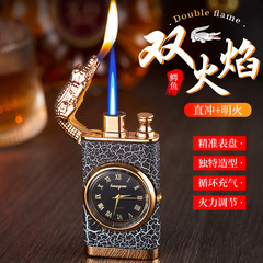Watch Gift with Crocodile Head Cigarette Lighter, Dual Flame Switch, Quartz Metal, Inflatable Windproof Open Flame