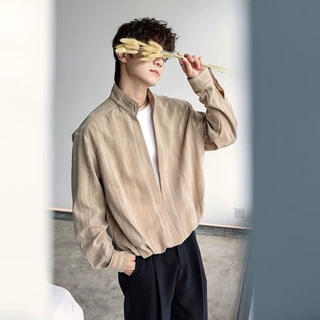 新款秋季长袖立领宽松设计感衬衫男2026时尚休闲假两件高级感衬衣