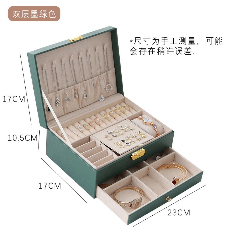 Cajón de doble capa caja de joyería de cuero de gama alta pendientes de joyería con cerradura caja de almacenamiento de joyería