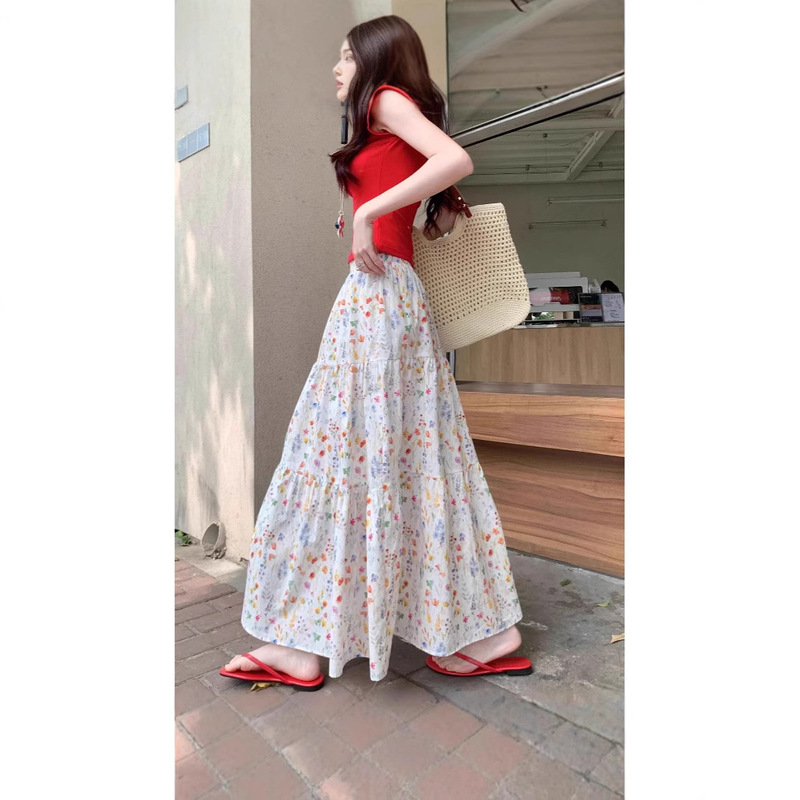 Korean Style Gentle Floral Umbrella Skirt 2025 Spring New Style Hip-Covering Slimming Mid-Length Skirt for Women Versatile