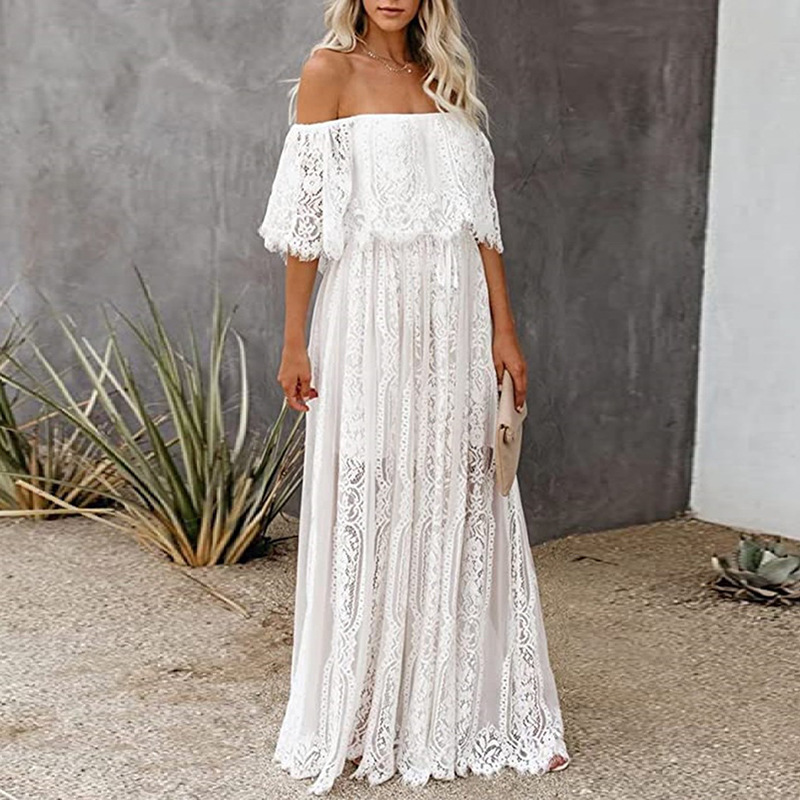 European and American Fashion Women's One-Neck Lace Dress Elegant Festival Dress Bohemian Style Long Dress for Women