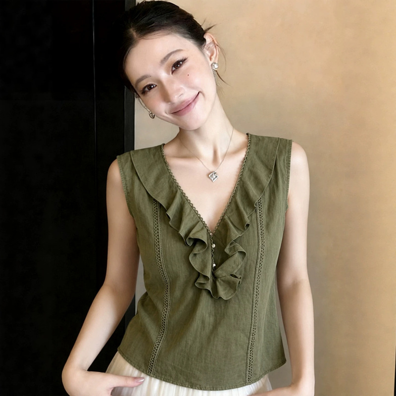 8066 # Nanyou French-Style Youthful Lace Ruffle Ramie Top Urban Casual Versatile Sleeveless Shirt