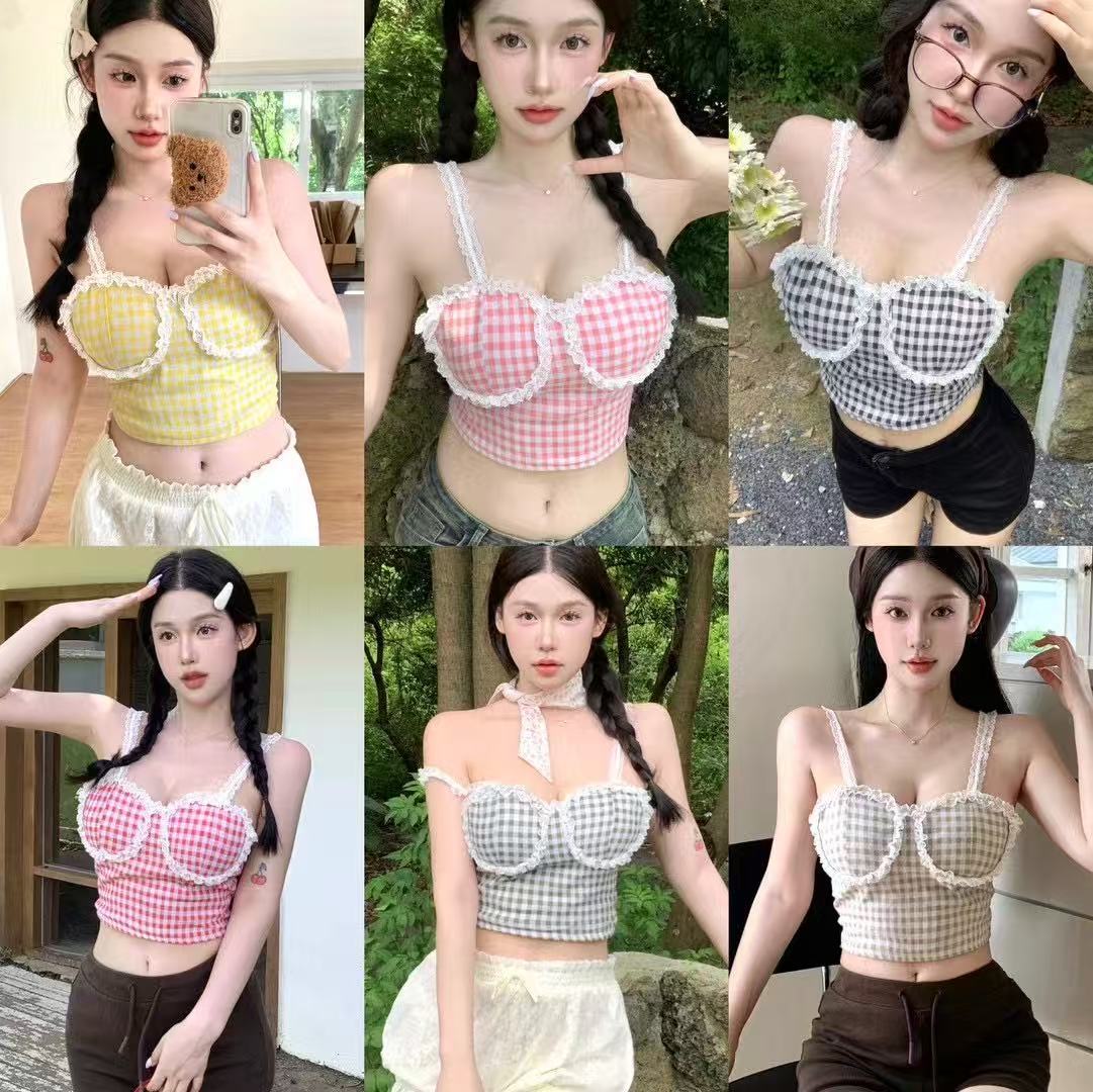 田园风撞色格子少女吊带背心女带胸垫蕾丝花边修身短款美背小吊带