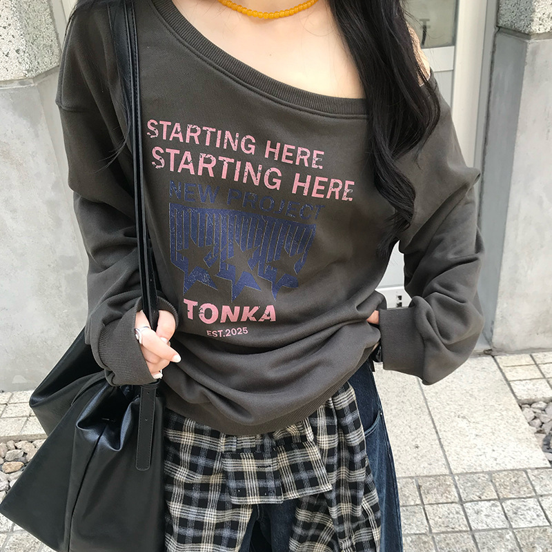 In-Stock 2026 Autumn New Korean-Style Casual Loose Versatile Design Letter Print Hoodless Sweatshirt for Women In-Stock 2026 Autumn New Korean-Style Casual Loose Versatile Design Letter Print Hoodless Sweatshirt for Women
