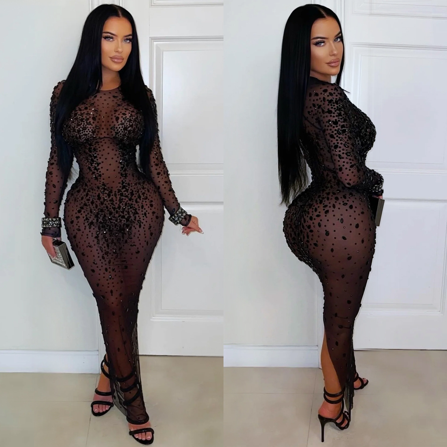C7596 Aliexpress transfronterizo Amazon Europa y América de moda femenina perspectiva sexy malla de diamante vestido de cadera