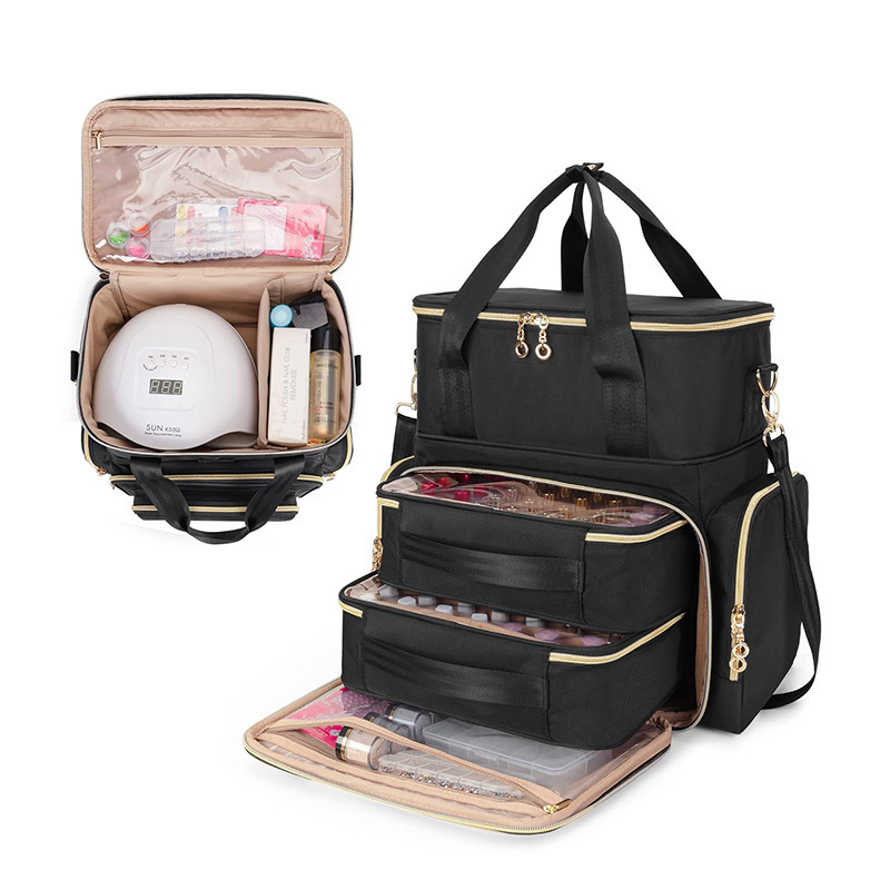 Double Layer Nail Polish Storage Box Nail Polish Bag Organizer Bag with 2 Detachable Pouches and Tool Storage Area