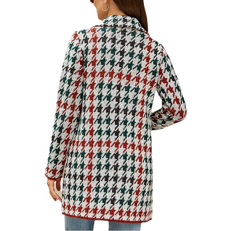 Amazon Otoño e Invierno suéter largo contraste color houndstooth punto cardigan temperamento traje de cercanías collar trench coat image 1