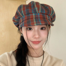 日系时尚格纹大版云朵贝雷帽显脸小秋冬新款毛呢报童帽八角帽大头