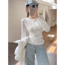 韩系薄款穿搭半开领镂空长袖针织衫女秋冬季新款气质修身显瘦上衣