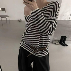 2025新款女装秋上新套头宽松时尚条纹针织衫配腰带长袖