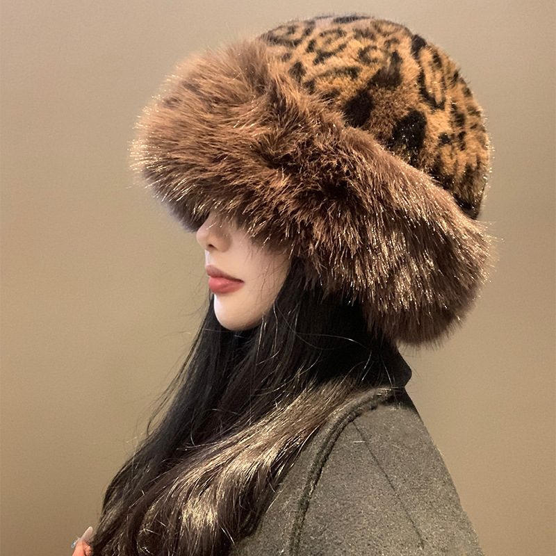 2025豹纹保暖毛绒帽子女2024年秋多季复古加厚防赛显脸小护耳渔夫|undefined