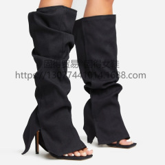 国境を越えた独立駅insファッションショー純色黒色露指ブーツズボン管婦人靴fashion shoes