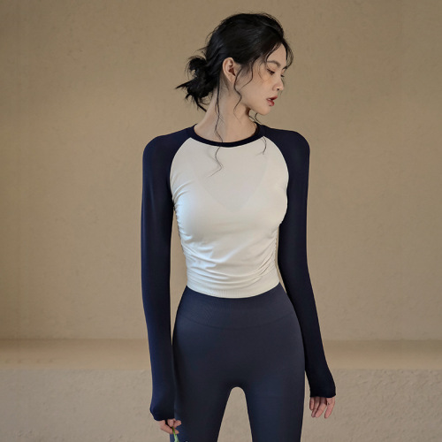 Early autumn new color matching yoga wear sports tops women's tight nude long-sleeved running training fitness clothes