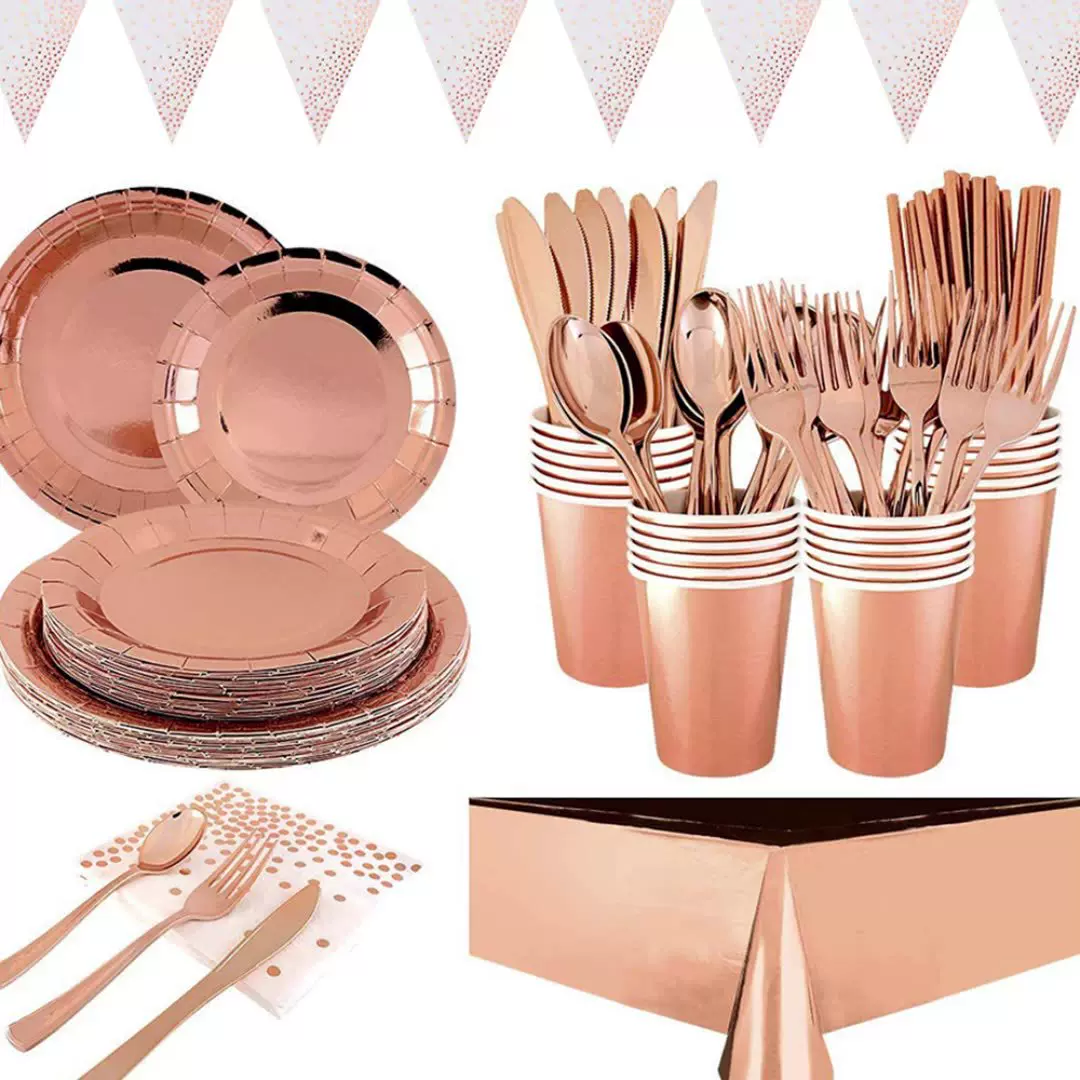 厂家直销一次性餐具烫金玫瑰金生日派对一次性纸盘子餐盘套装