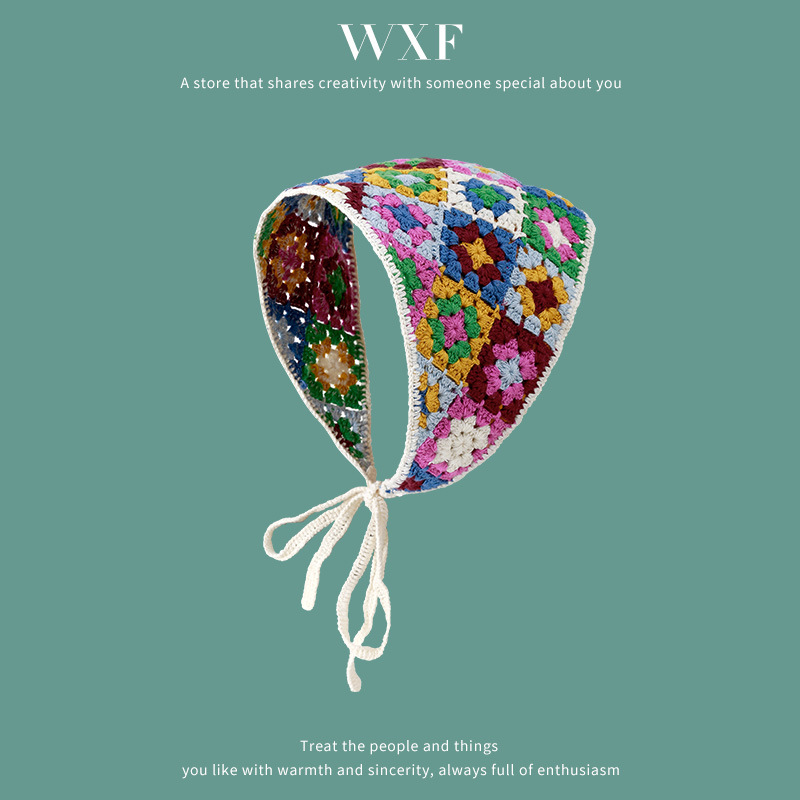 Francés vintage turbante mujer turbante triángulo de dopamina viaje dulce encantador gancho flores estilo de arte de punto de moda correa de pelo