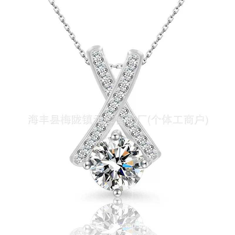 跨境外贸s925纯银交叉项链女D色1ct莫桑钻时尚欧美吊坠锁骨链