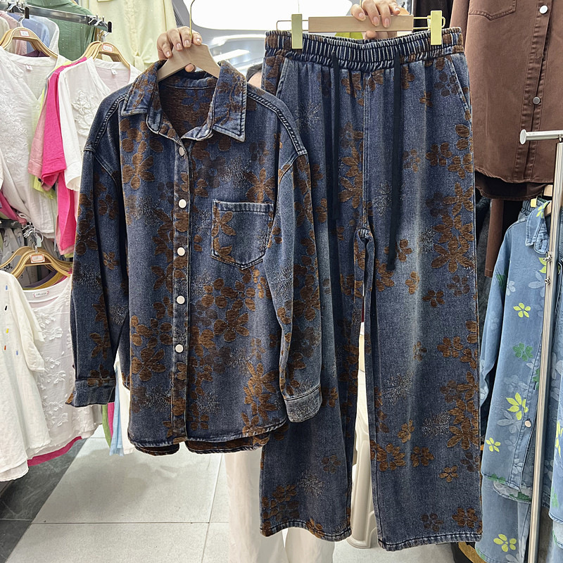 Foreign trade European and American design velvet loose long-sleeve denim shirt top + elastic waist versatile wide-leg pants set