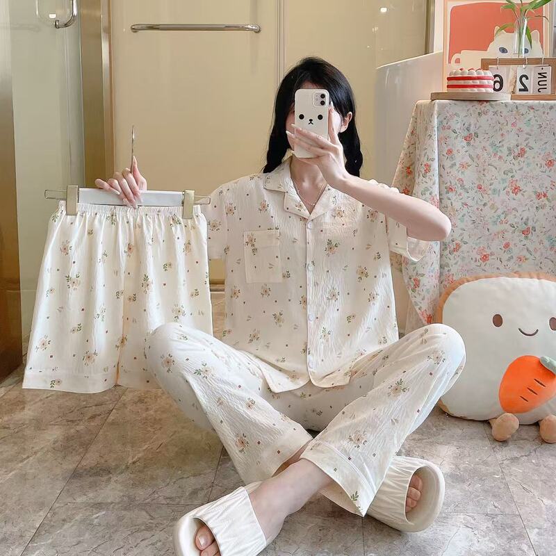 跨境云朵棉睡衣三件套女夏季短袖长裤短裤春秋季家居服套装外贸|undefined