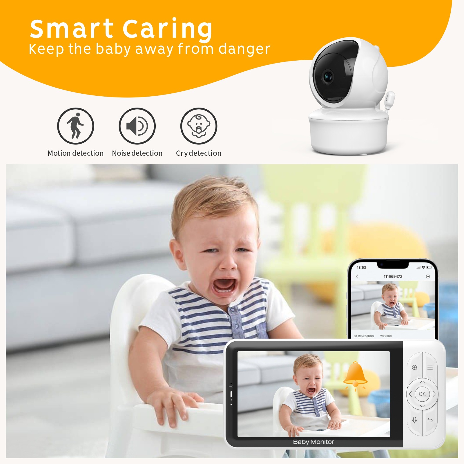 Babystar 5inch WiFi security camera baby monitor,1080P App control, 3000mAh battery, VOX, Dual call, multi-user, 1000 foot range O1CN01tHxtJG1xFCtQDAFXK !!2208999596413 0 Cib